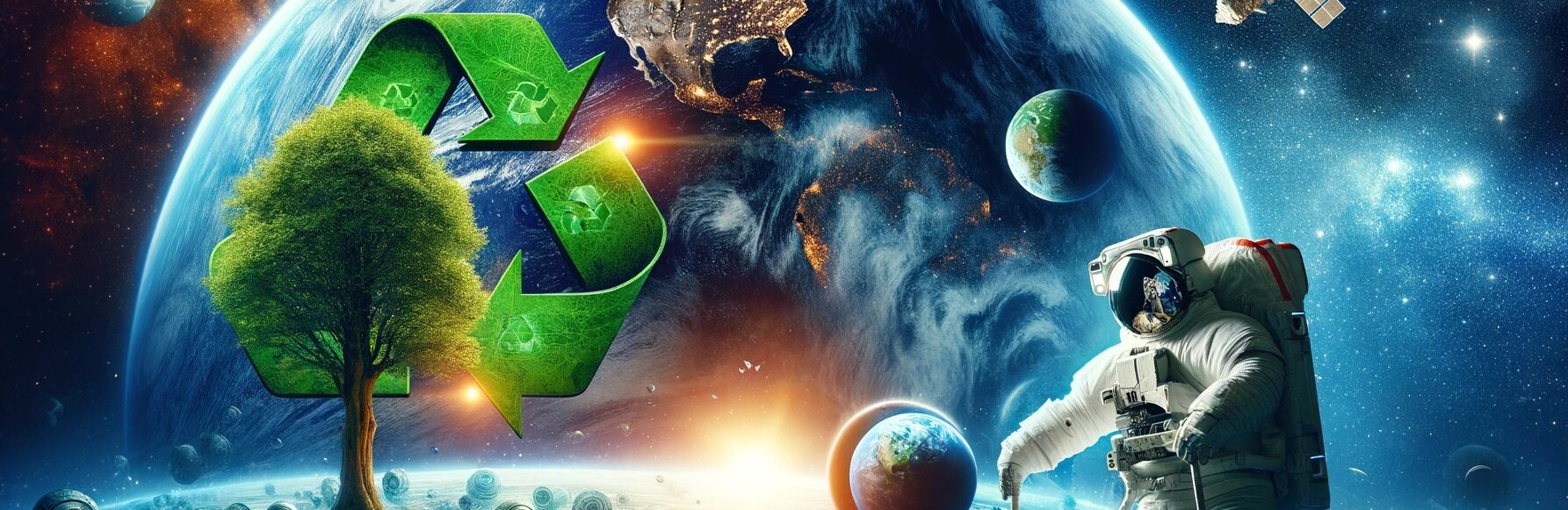 Illustration der Erde mit Recyclingzeichen, Baum und Astronaut