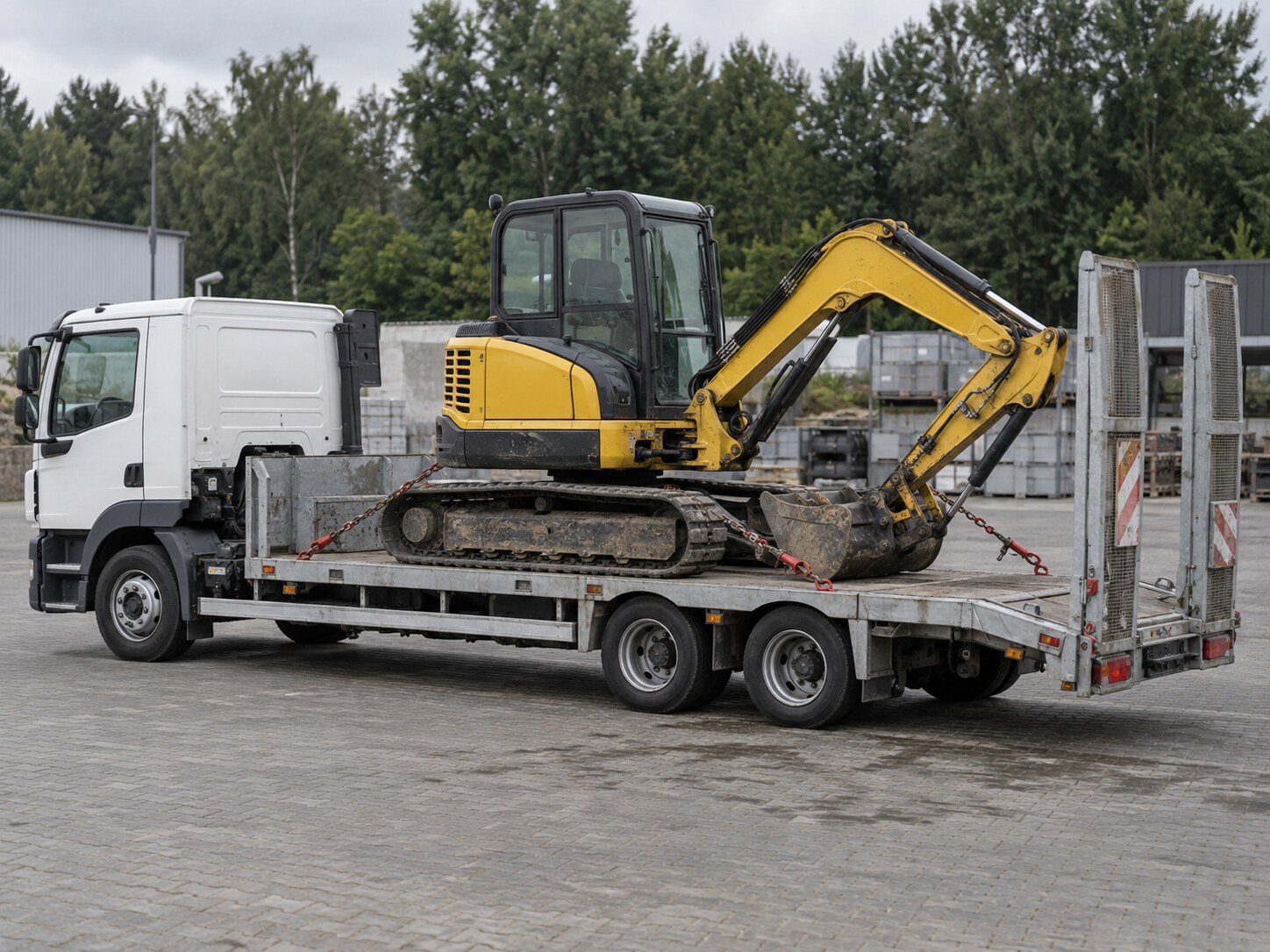 Kompaktbagger auf der Ladefläche eines Transport-Lkw